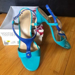 Blue low strappy heels
